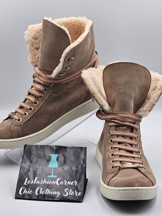 UGG Shoes - UGG Women's Beige Suede Starlyn Lace-Up Shearling High-Top Trainers Size7.5 3243